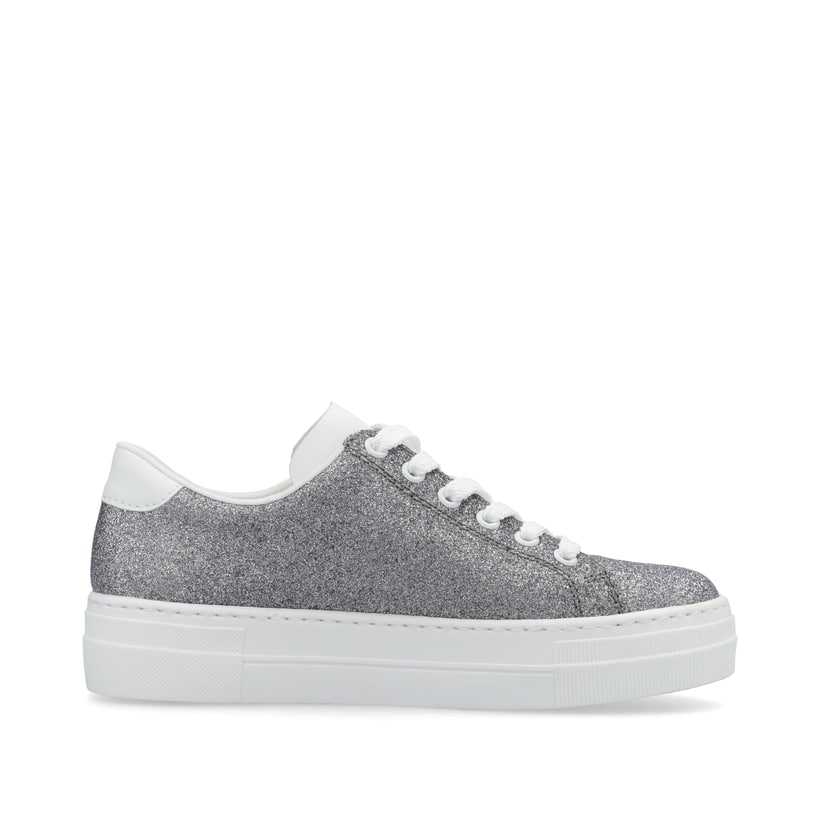 Baskets basses Rieker argent pour femme N49W1-91 avec lacets. Intérieur de la chaussure.