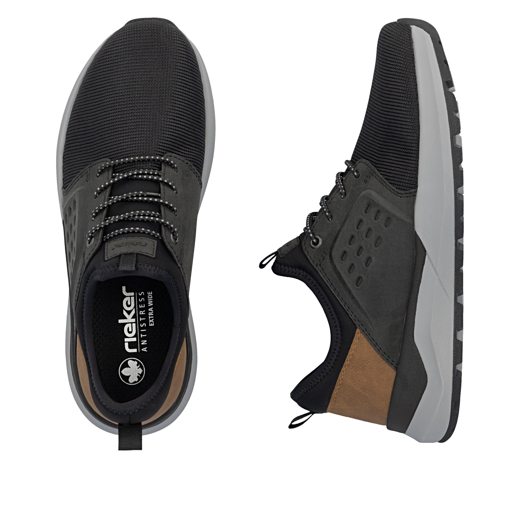 Mocassins Rieker noirs pour hommes 06058-00 avec bande élastique. Chaussure vue de dessus, couchée.