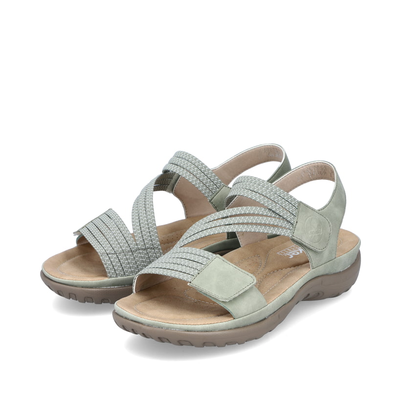 Grüne vegane Rieker Damen Trekkingsandalen 64870-52 mit einem Klettverschluss. Schuhpaar seitlich schräg.