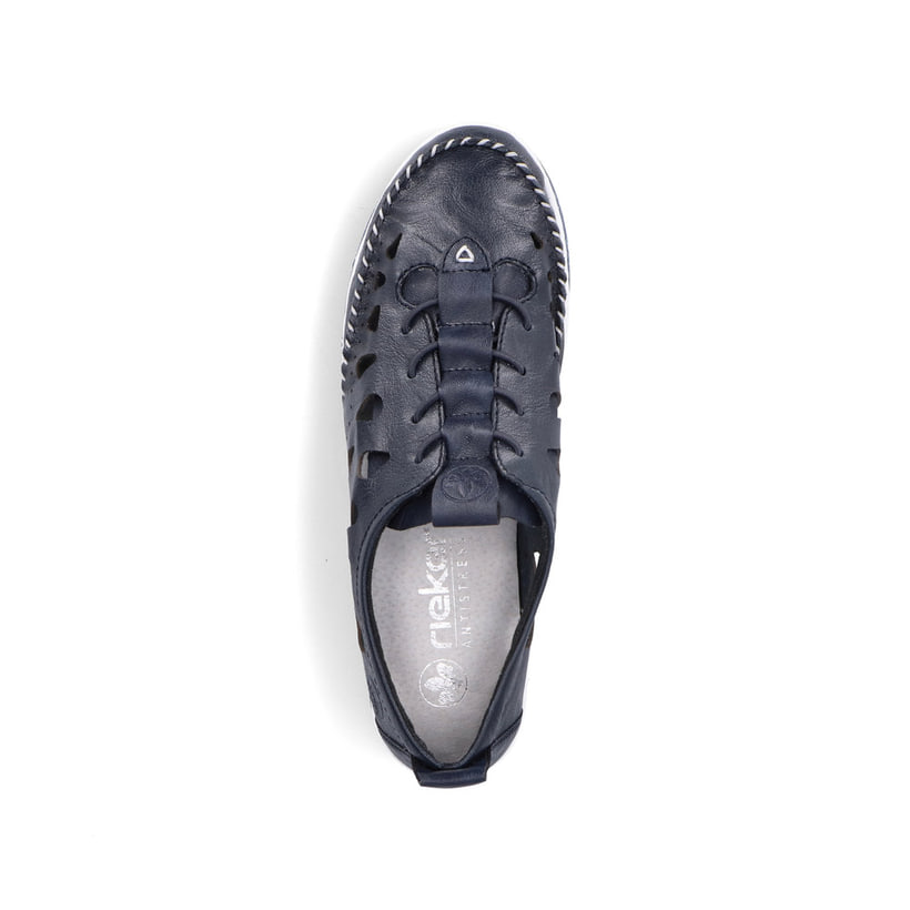 Blaue Rieker Damen Slipper 49956-14, Barfußschuhe mit einem Gummizug. Schuh von oben.