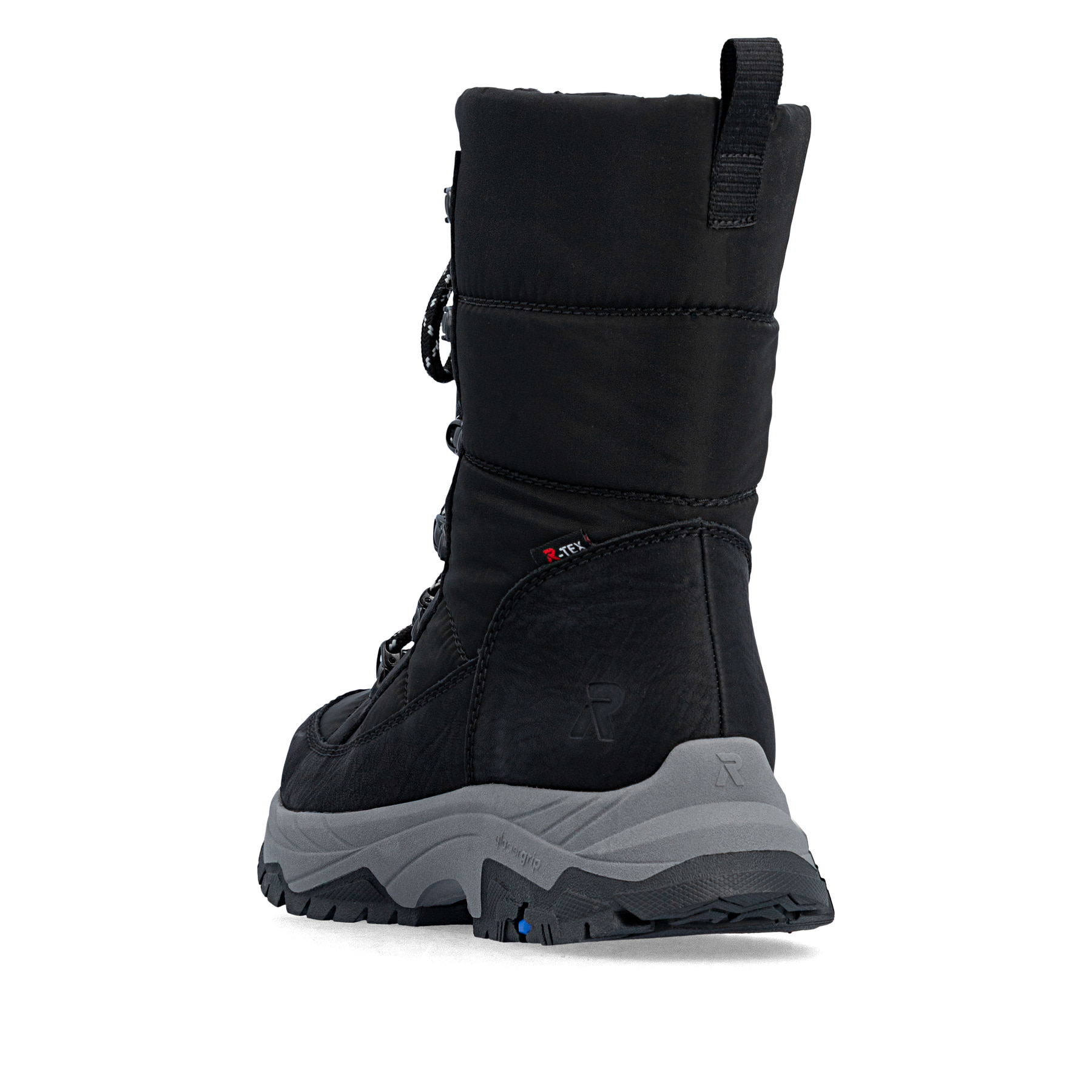 Schwarze Rieker Damen Kurzstiefel Z3950-00 mit dem umdrehbaren Glacier Grip. Schuh von hinten.