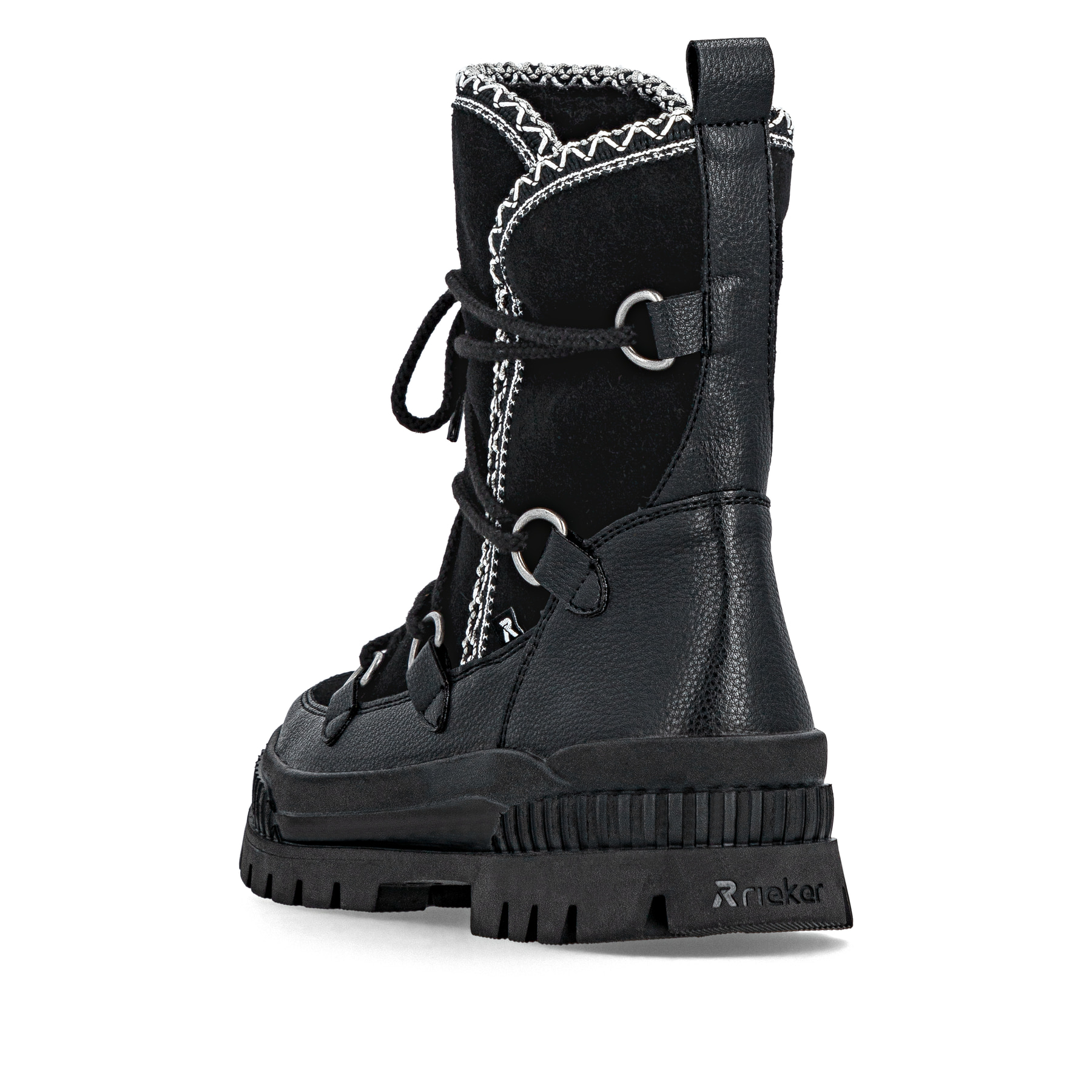 Schwarze Rieker Damen Kurzstiefel W2175-00 aus Rauleder mit weißer Zickzack-Naht. Schuh von hinten.