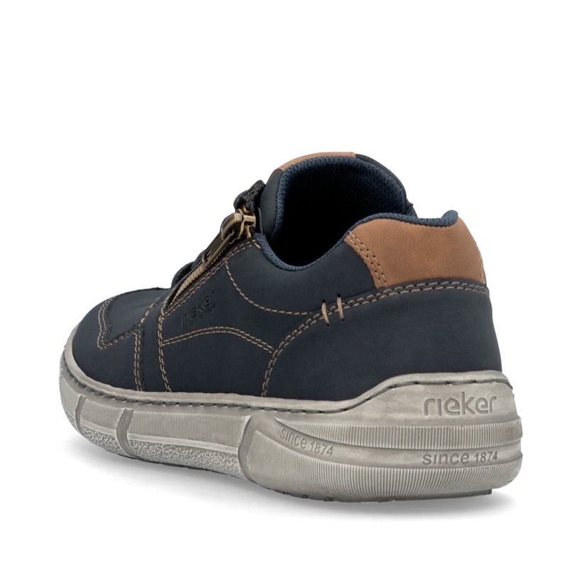 Stahlblaue Rieker Herren Schnürschuhe 04003-14 mit braunen Details. Schuh von hinten.