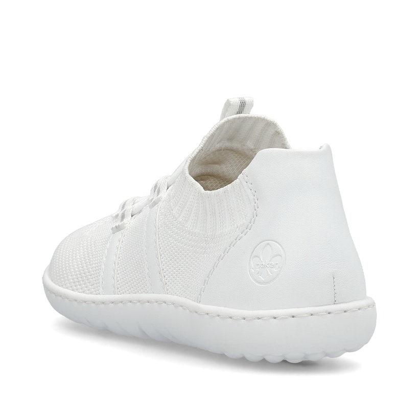 Weiße vegane Rieker Damen Slipper 52854-80, Barfußschuhe mit einem Gummizug. Schuh von hinten.