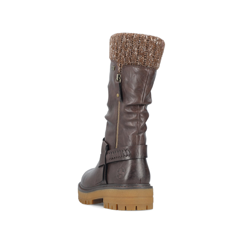 Dunkelbraune Rieker Damen Hochschaftstiefel 92984-25 mit modischer Faltenoptik. Schuh von hinten.