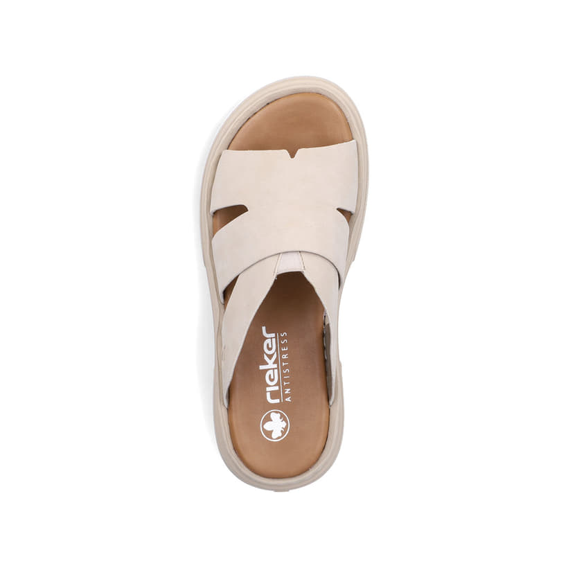 Beige Rieker Damen Pantoletten V3089-62 mit Gummizug sowie ultraleichter Sohle. Schuh von oben.