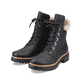 
Tiefschwarze Rieker Damen Schnürstiefel 72630-00 mit Schnürung und Reißverschluss. Schuhpaar schräg.