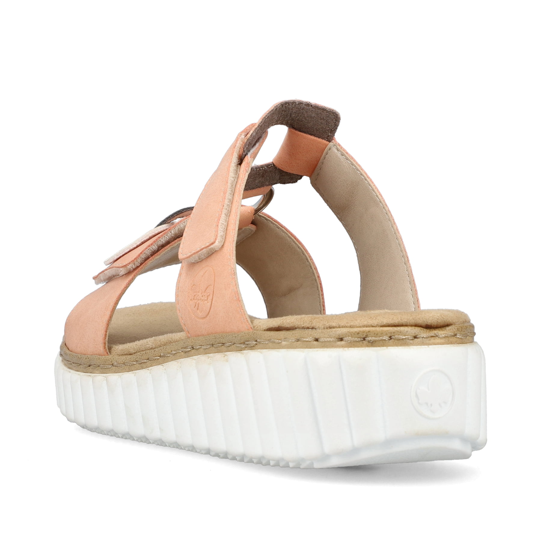 Orangene Rieker Damen Pantoletten 63294-38 mit einem Klettverschluss. Schuh von hinten.