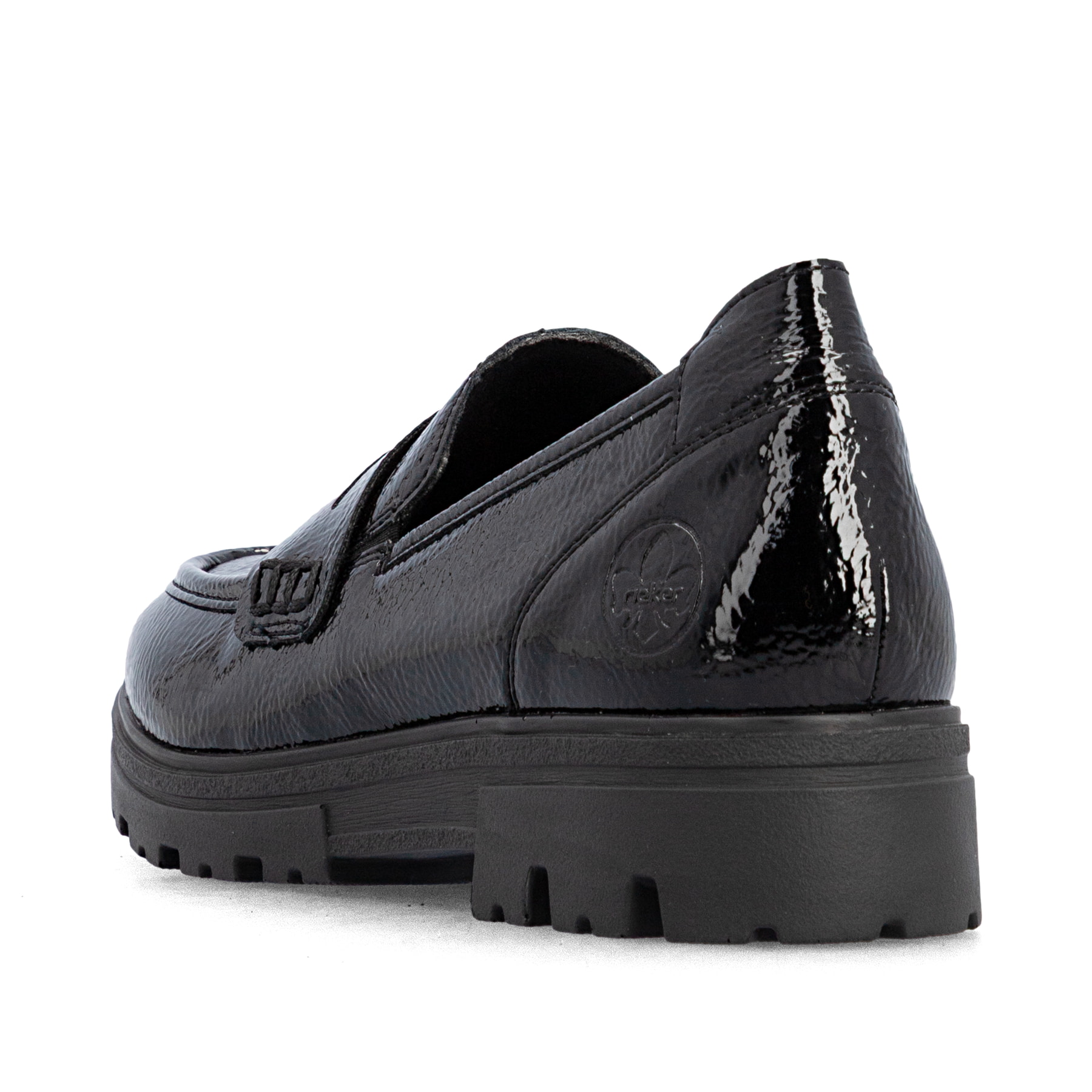 Mocassins Rieker noirs pour femmes 43050-00 avec bande élastique. Chaussure vue de l'arrière.