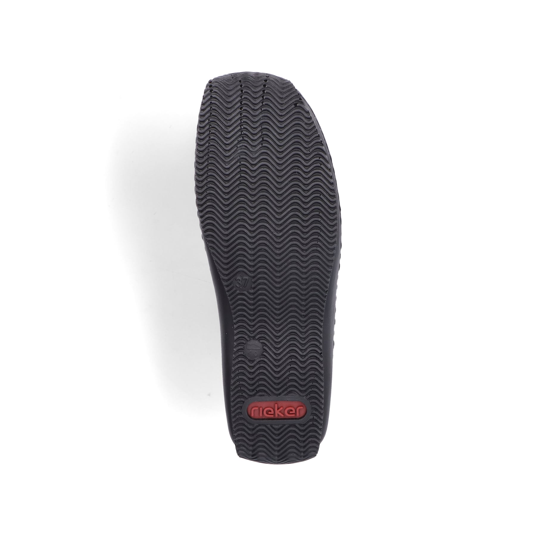 Mocassins Rieker rouges femme L1751-35 en cuir lisse avec bande élastique. Semelle extérieure de la chaussure.