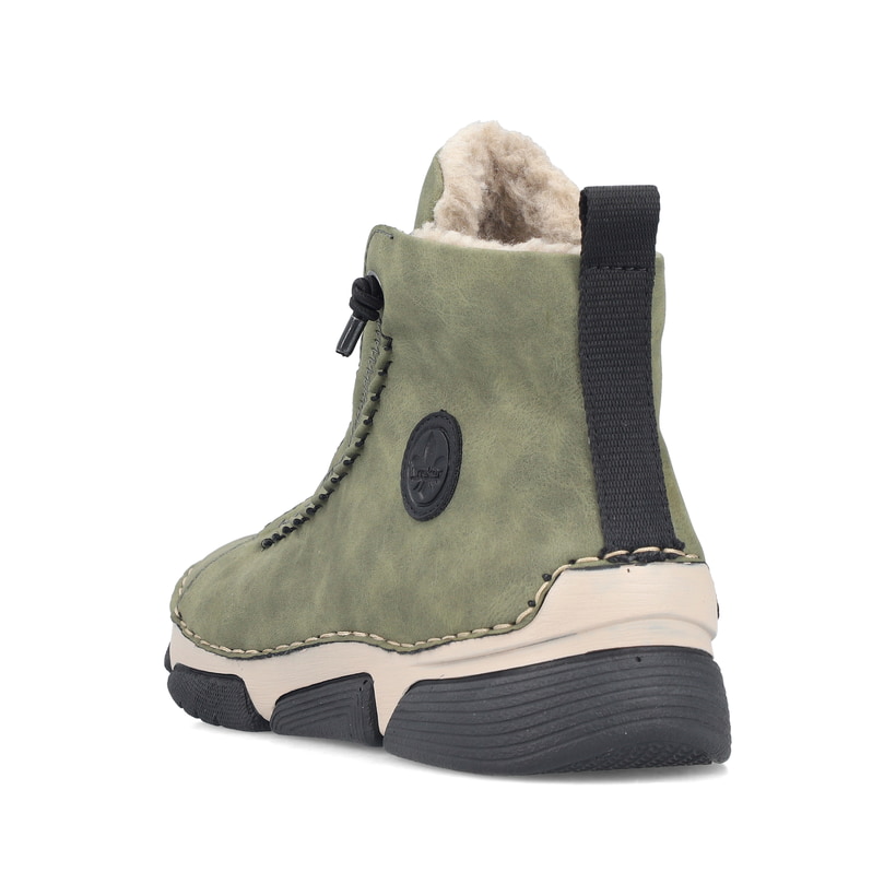 Khaki-schwarze Rieker Damen Schnürstiefel 45912-54 mit markanter Anflechter-Naht. Schuh von hinten.