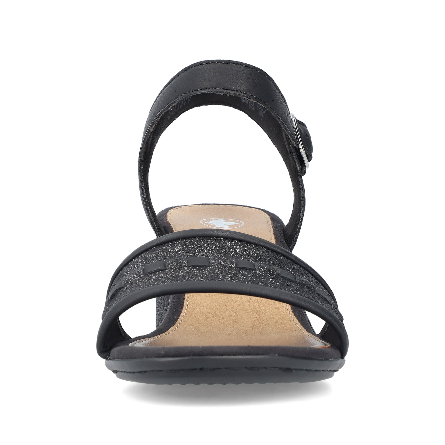 Asphaltschwarze Rieker Riemchensandaletten 64653-00 mit einer Schnalle. Schuh von vorne.