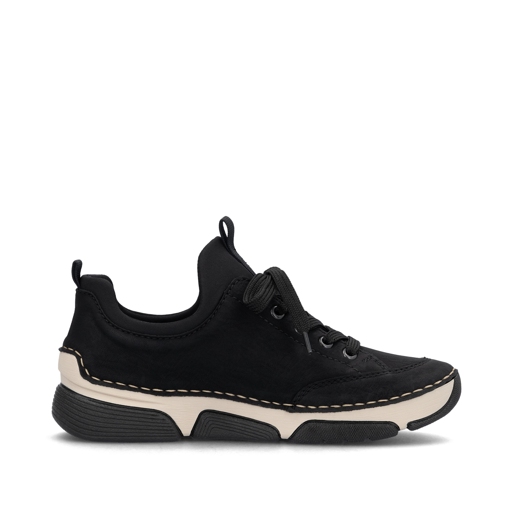 Mocassins Rieker noirs pour femme 45973-00 avec bande élastique. Intérieur de la chaussure.