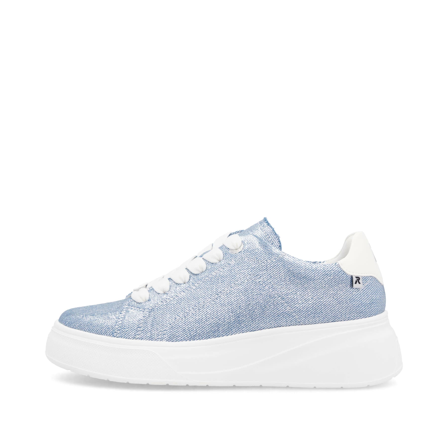 Baskets basses Rieker bleues végétaliennes femme W2302-14 avec lacets. Côté extérieur de la chaussure.