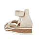 Beige Rieker Keilsandaletten V3673-60 mit Klettverschluss sowie leichter Sohle. Schuh von hinten.