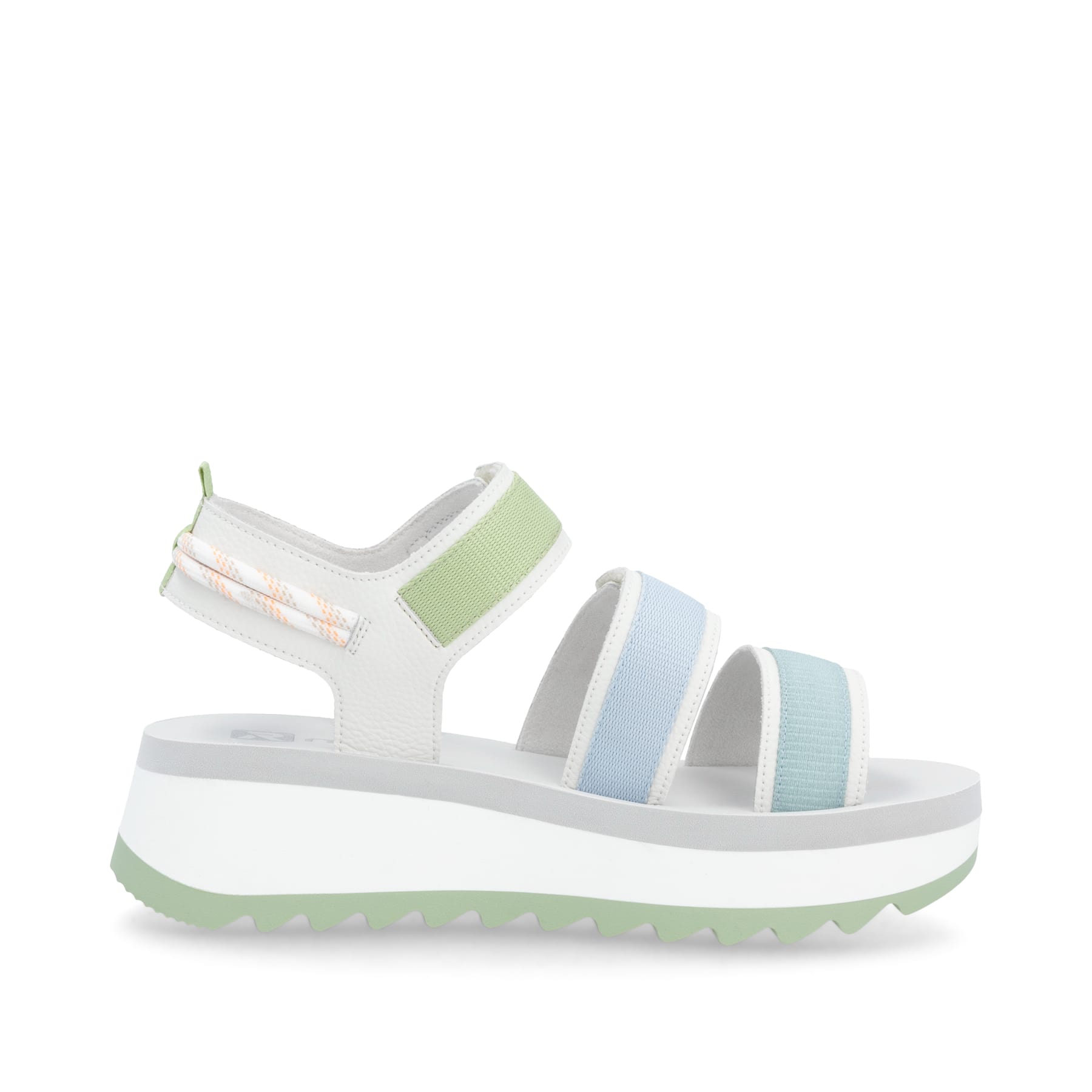 Mehrfarbige Rieker Damen Riemchensandalen W3052-91 mit einem Klettverschluss. Schuh Innenseite.