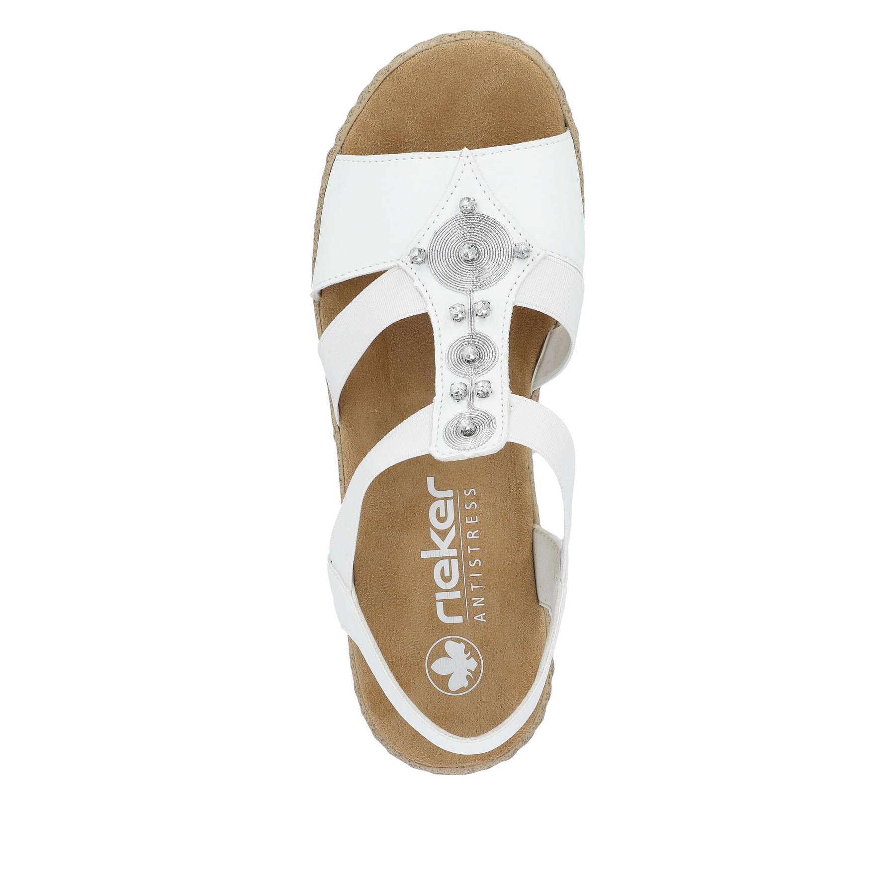 Weiße Rieker Keilsandaletten V0687-80 mit Schmuckelementen sowie einem Gummizug. Schuh von oben.