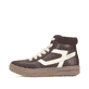 Braun-weiße Rieker Damen Sneaker High L2530-25 mit flauschigen Schnürsenkeln. Schuh Außenseite.