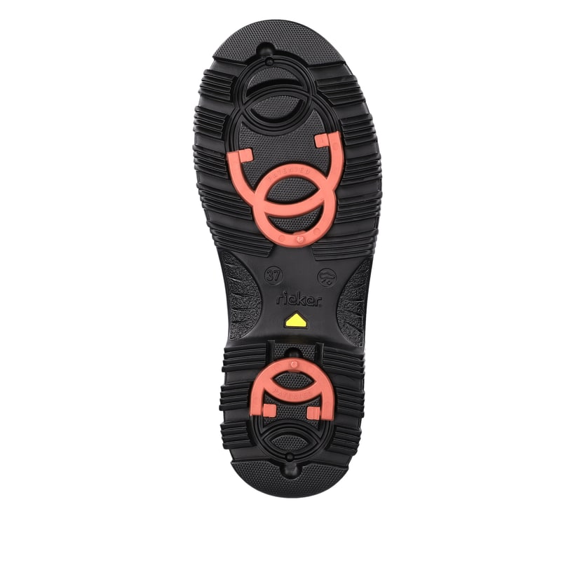 Tiefschwarze Rieker Damen Kurzstiefel X8250-00 mit Flip-Grip Sohle. Schuh Laufsohle.