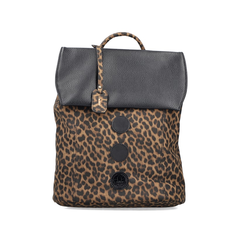 Rieker Rucksack H1357-24 in Animalprint mit bunten Details, Reißverschluss und Handyfach. Vorderseite.
