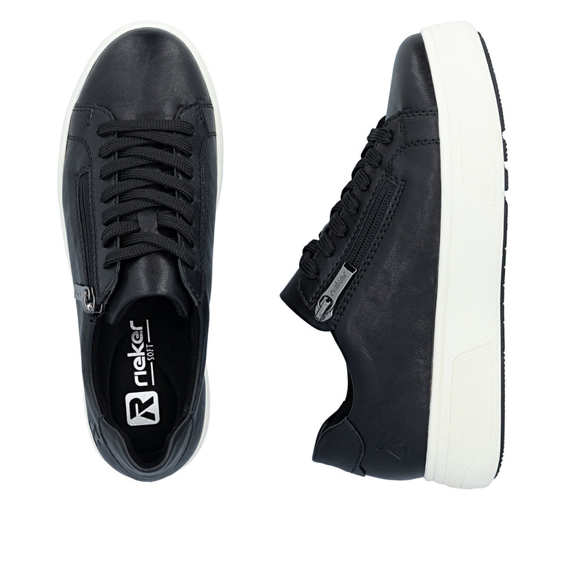 Baskets basses Rieker noires pour femme M7701-00 avec fermeture éclair. Chaussure vue de dessus, couchée.