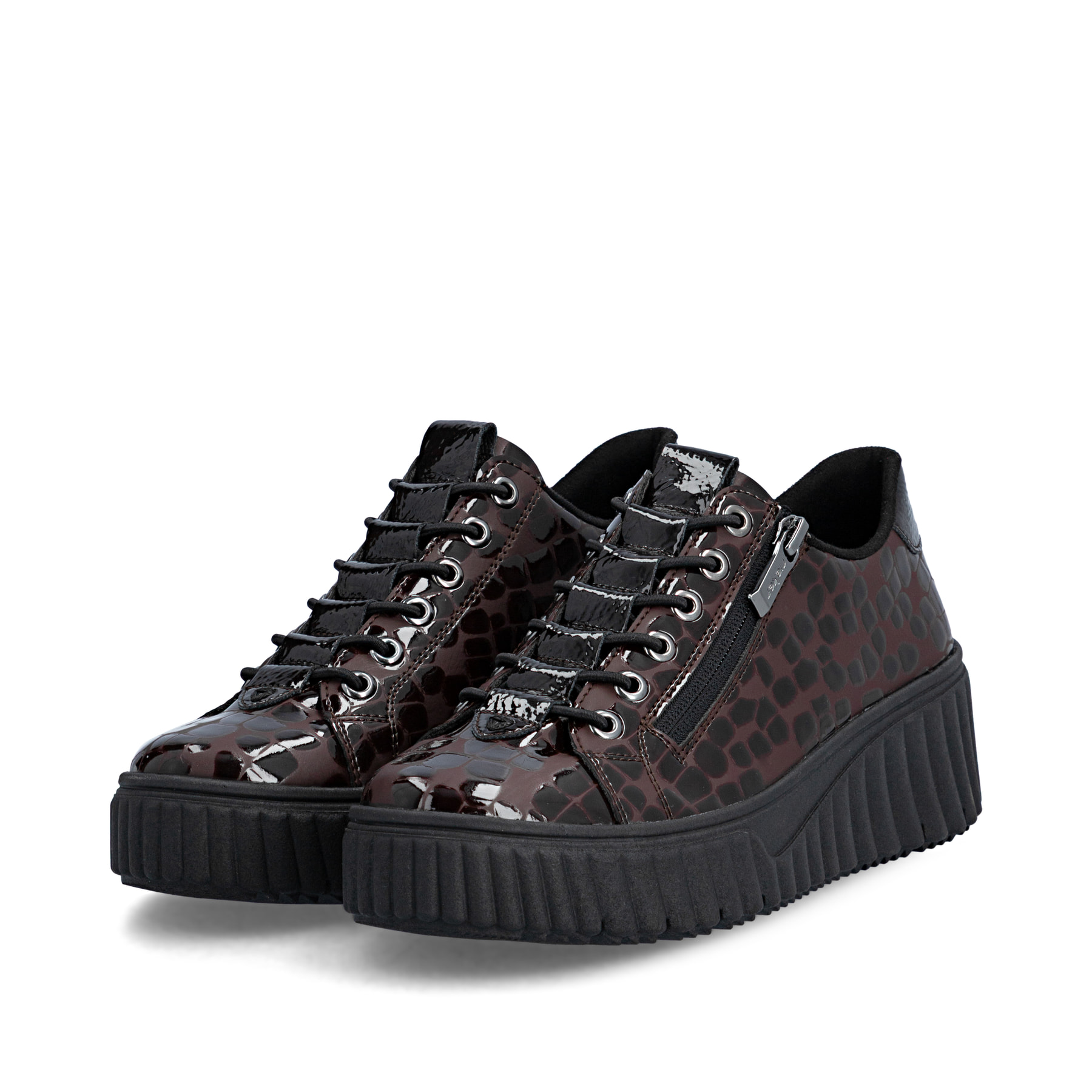 Dunkelbraune Rieker Damen Sneaker Low N2555-25 mit einem Reißverschluss. Schuhpaar seitlich schräg.