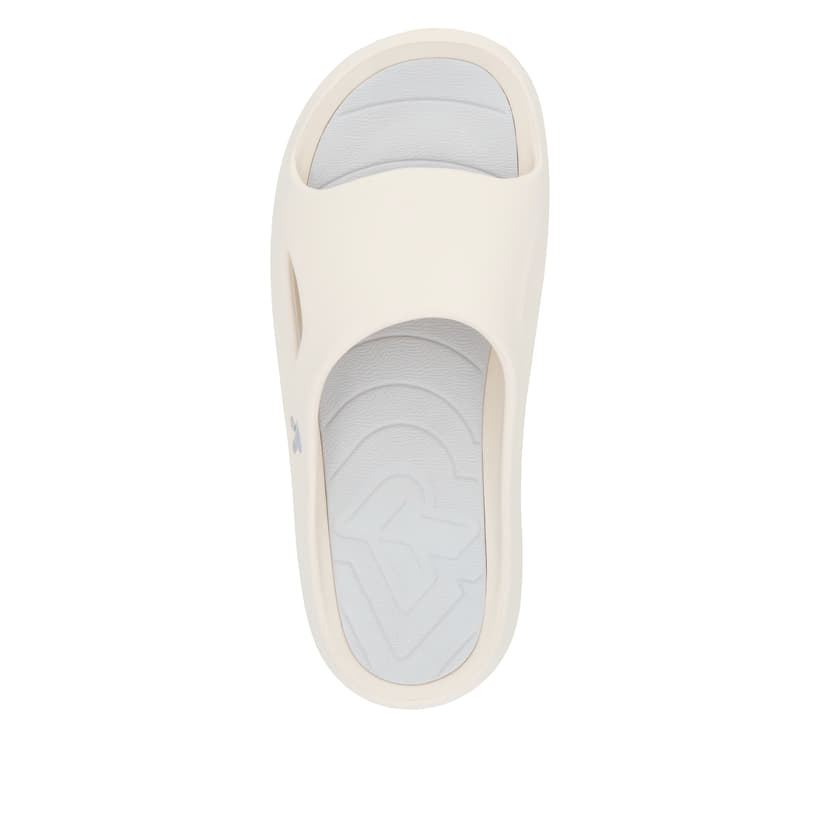 Beige Rieker Damen Pantoletten W3450-60 mit flexibler und ultraleichter Sohle. Schuh von oben.