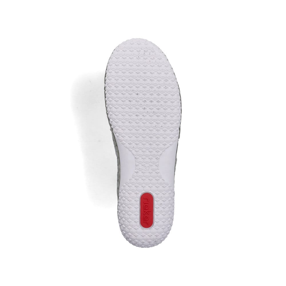 Grüne Rieker Damen Slipper 43651-52 aus Glattleder, Barfußschuhe. Schuh Laufsohle.