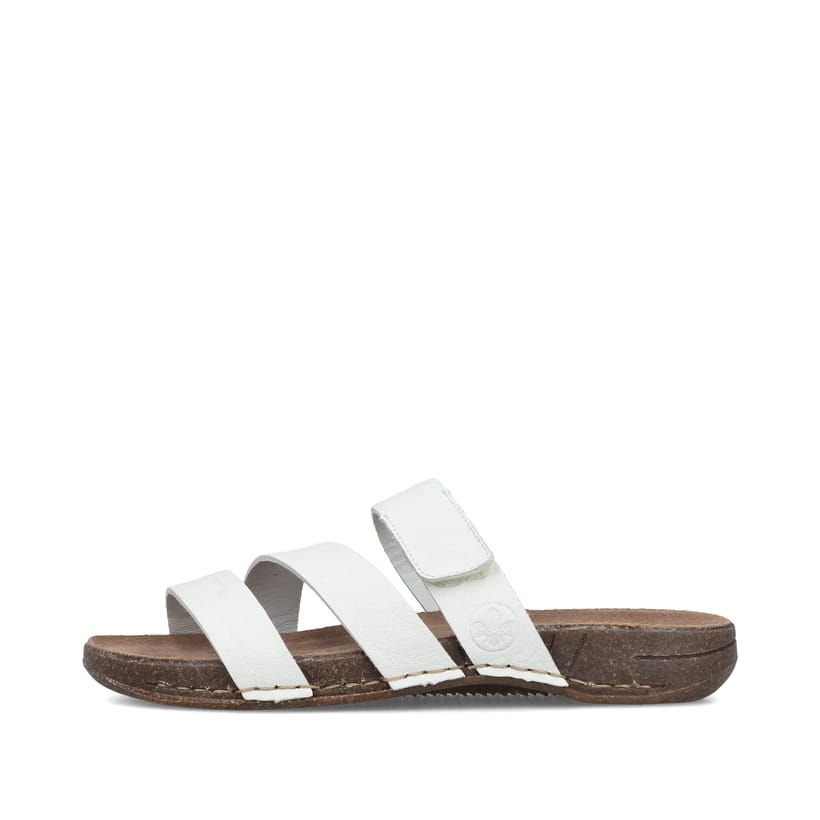 Weiße Rieker Damen Pantoletten 61450-80 mit einem Klettverschluss. Schuh Außenseite.