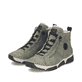 Khaki-schwarze Rieker Damen Schnürstiefel 45912-54 mit markanter Anflechter-Naht. Schuhpaar seitlich schräg.