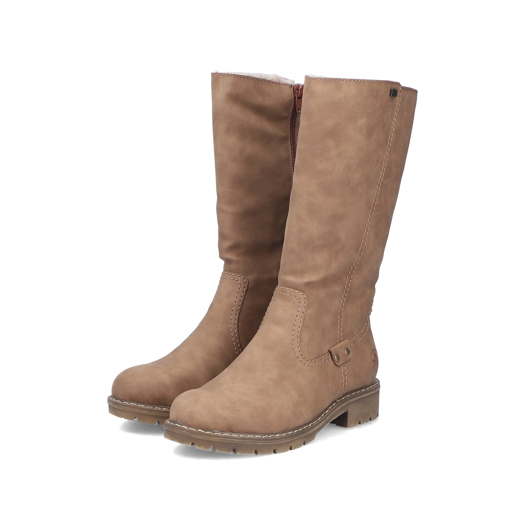 Beige Rieker Damen Hochschaftstiefel Y9180-20 mit wasserabweisender TEX-Membran. Schuhpaar seitlich schräg.
