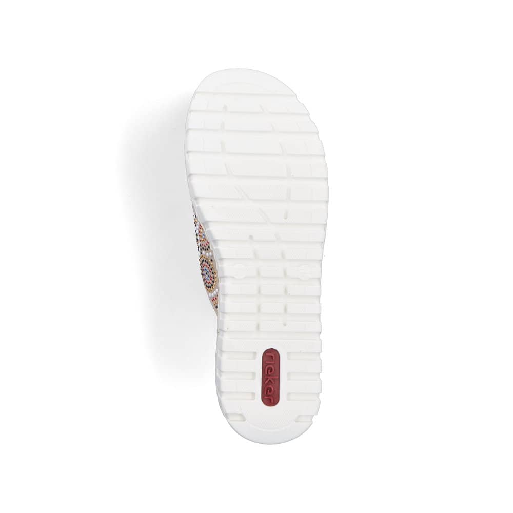 Beige Rieker Damen Pantoletten V1395-62 mit einem Klettverschluss. Schuh Laufsohle.