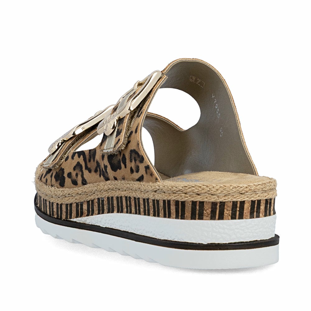 Mehrfarbige Rieker Damen Pantoletten V7955-90 aus Rauleder. Schuh von hinten.