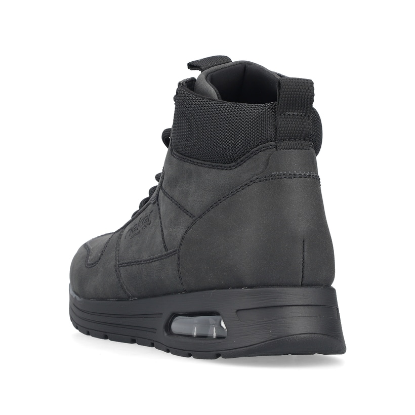 Schwarze Rieker Herren Schnürstiefel B1024-00 mit Rieker Air Sohlenfenster. Schuh von hinten.