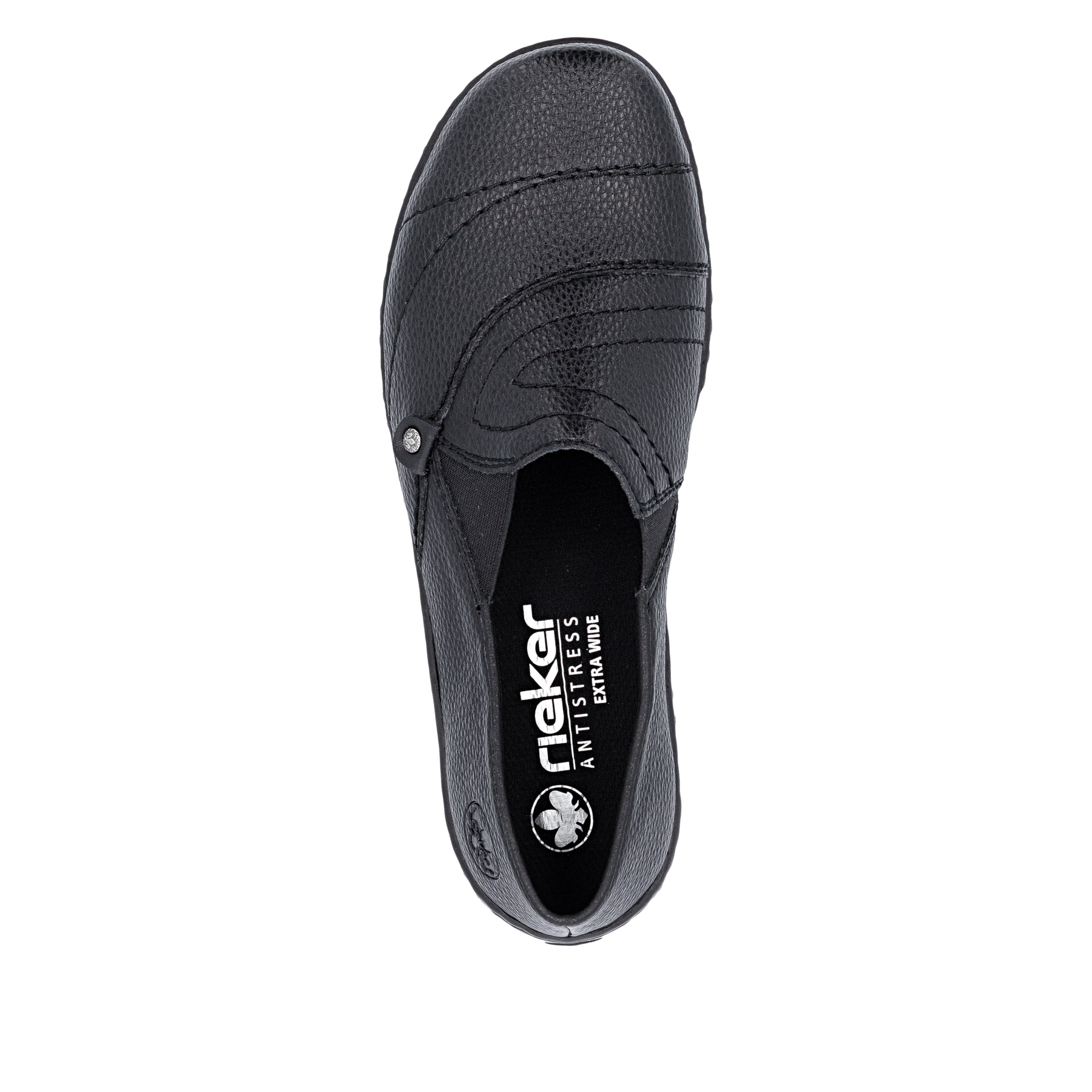 Mocassins Rieker noirs pour femmes 48961-02 avec bande élastique. Chaussure vue de dessus.