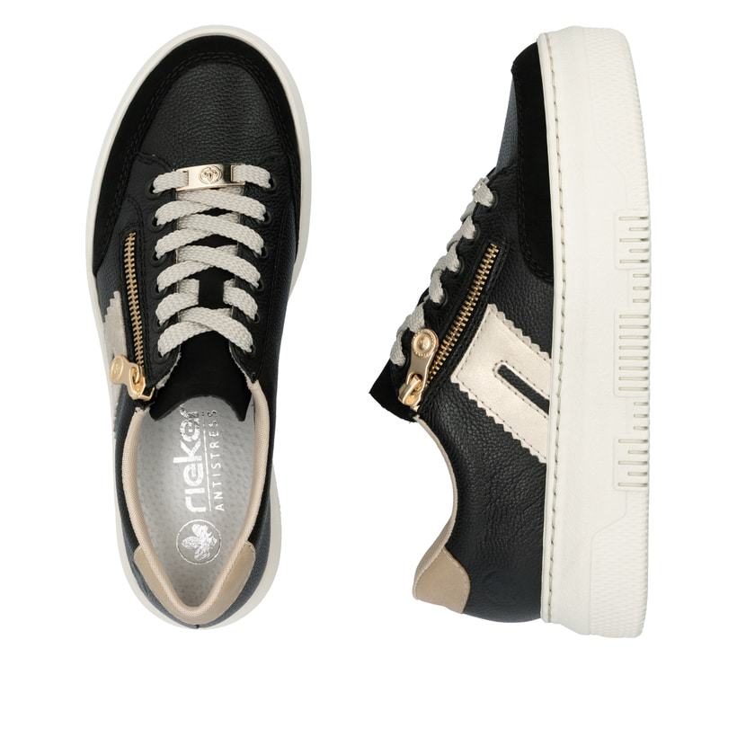 Schwarze Rieker Damen Sneaker Low M1912-00 mit einem Reißverschluss. Schuh von oben, liegend.