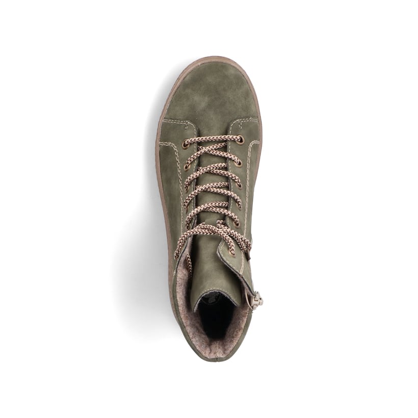 Bottes à lacets Rieker vertes pour femme N0030-54 avec fermeture éclair. Chaussure vue de dessus.