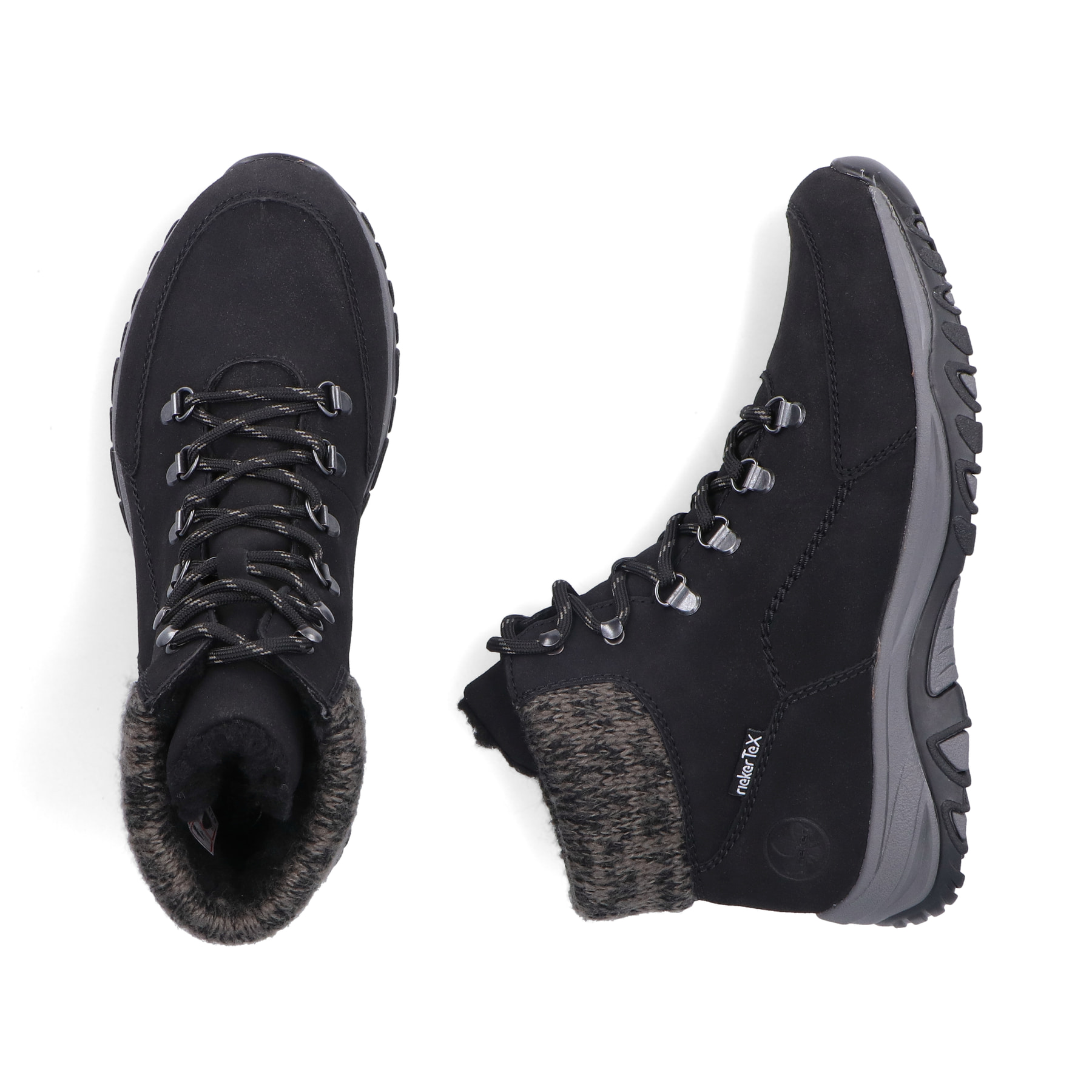 Schwarze Rieker Damen Schnürstiefel M9610-00 mit wasserabweisender TEX-Membran. Schuh von oben, liegend.