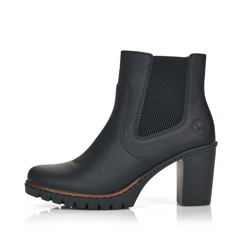 Tiefschwarze Rieker Damen Stiefeletten Y2574-00 mit Reißverschluss sowie Blockabsatz. Schuh Außenseite