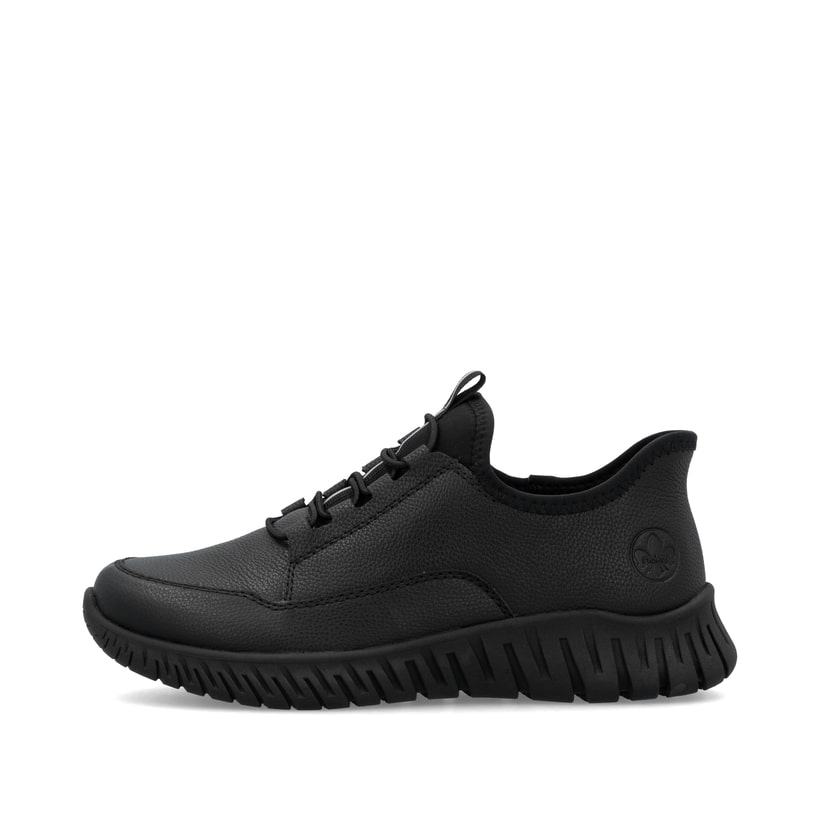 Schwarze Rieker Damen Slipper M5357-00 mit easy Hineinschlüpf-Möglichkeit. Schuh Außenseite.