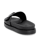 Schwarze Rieker Damen Pantoletten W1453-00 mit Gummizug sowie trendigen Schnalle. Schuh von hinten.