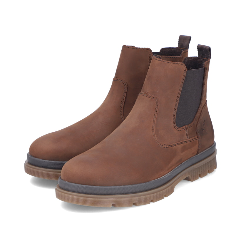 Braune Rieker Herren Chelsea Boots F7051-23 aus Rauleder mit Reißverschluss. Schuhpaar seitlich schräg.