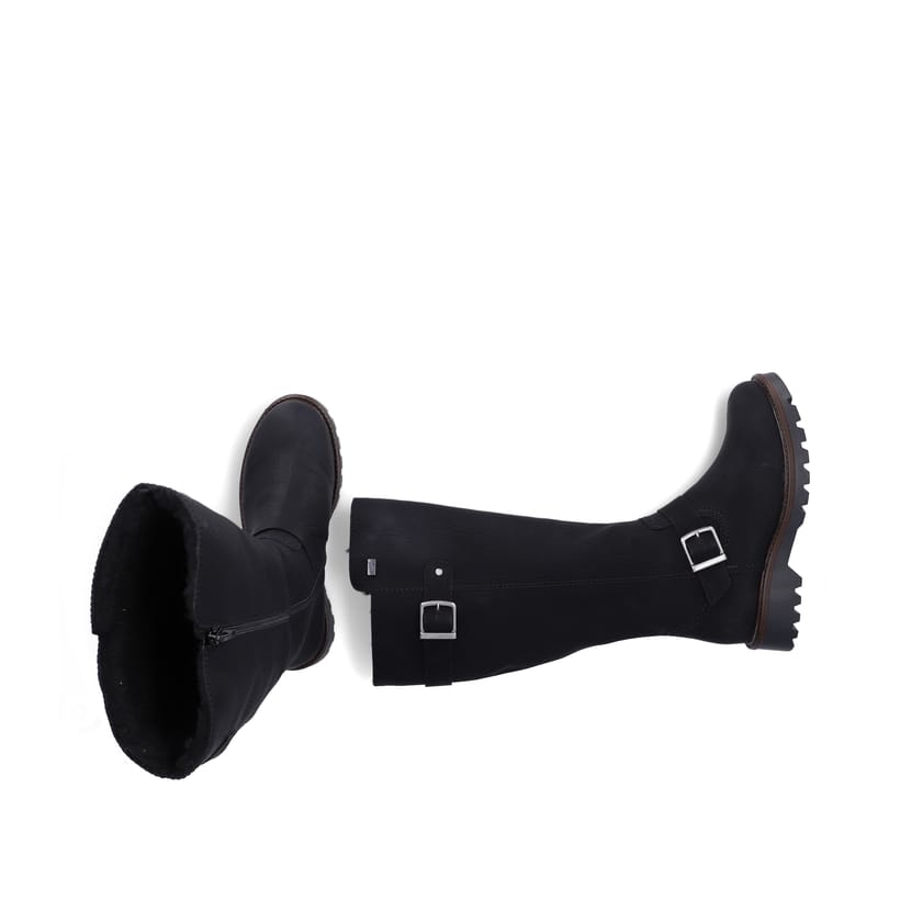 Schwarze Rieker Damen Hochschaftstiefel 73292-00 mit einem Reißverschluss. Schuh von oben, liegend.