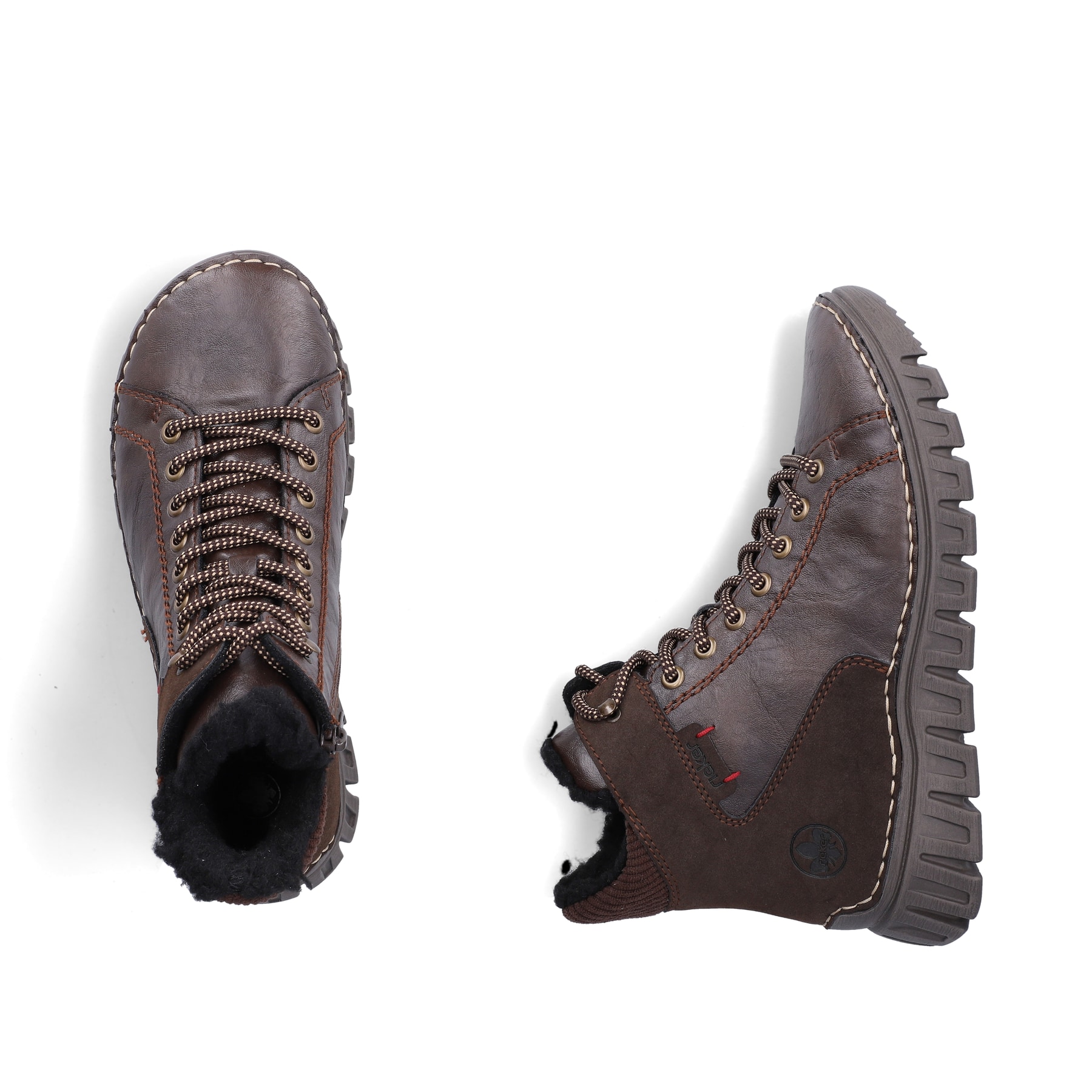 Dunkelbraune Rieker Damen Schnürstiefel 57512-25 mit einem Reißverschluss. Schuh von oben, liegend.