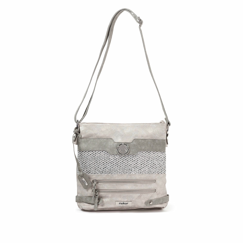 Sac à bandoulière Rieker H1346-40 gris-combi avec des pierres précieuses et des compartiments pratiques à l'intérieur et à l'extérieur. Face avant.