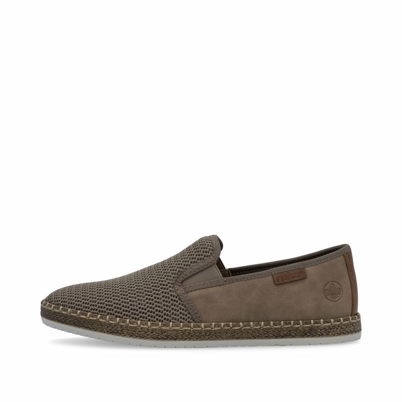 Beige Rieker Herren Slipper B5265-65 mit einem Gummizug sowie Komfortweite G 1/2. Schuh Außenseite.