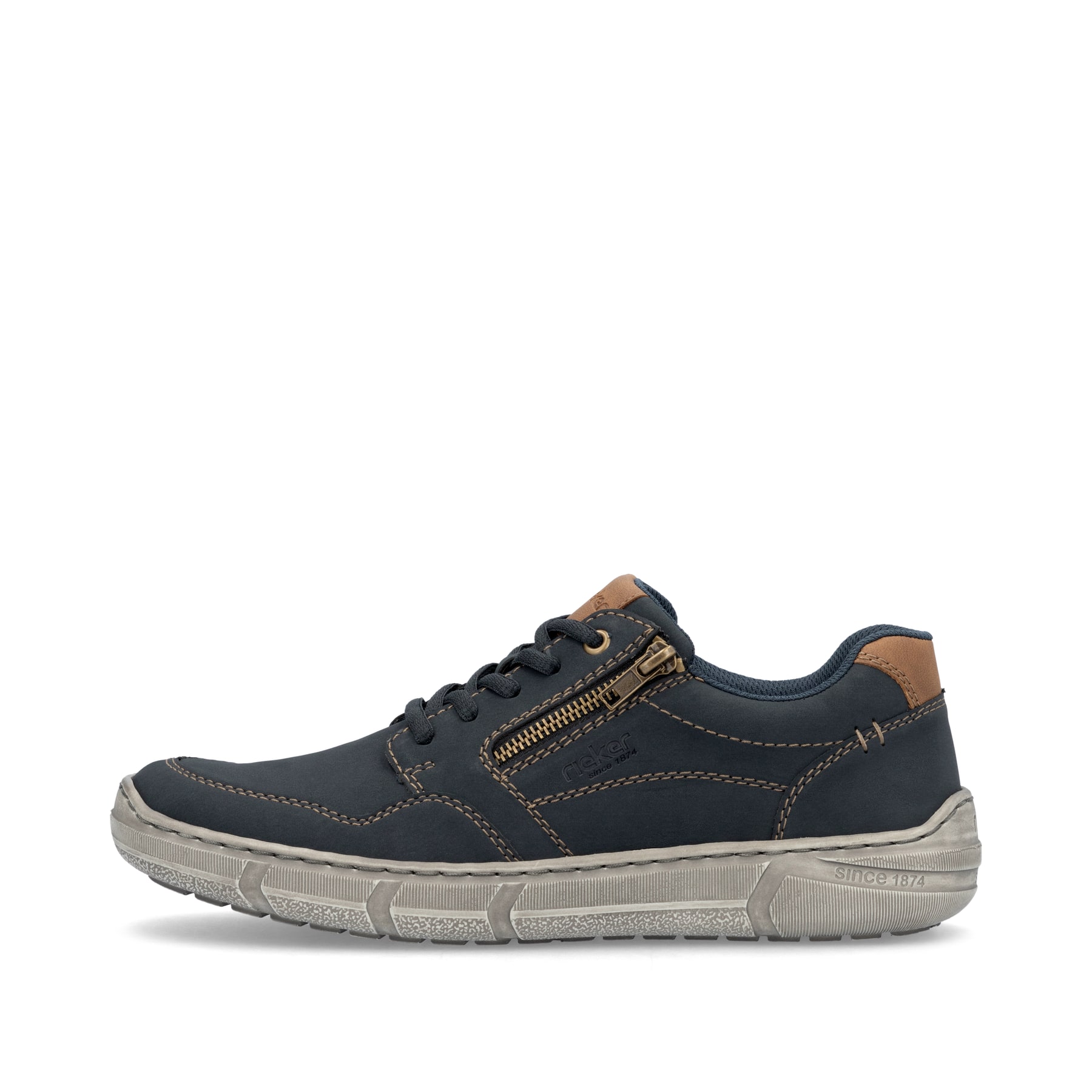 Stahlblaue Rieker Herren Schnürschuhe 04003-14 mit braunen Details. Schuh Außenseite.