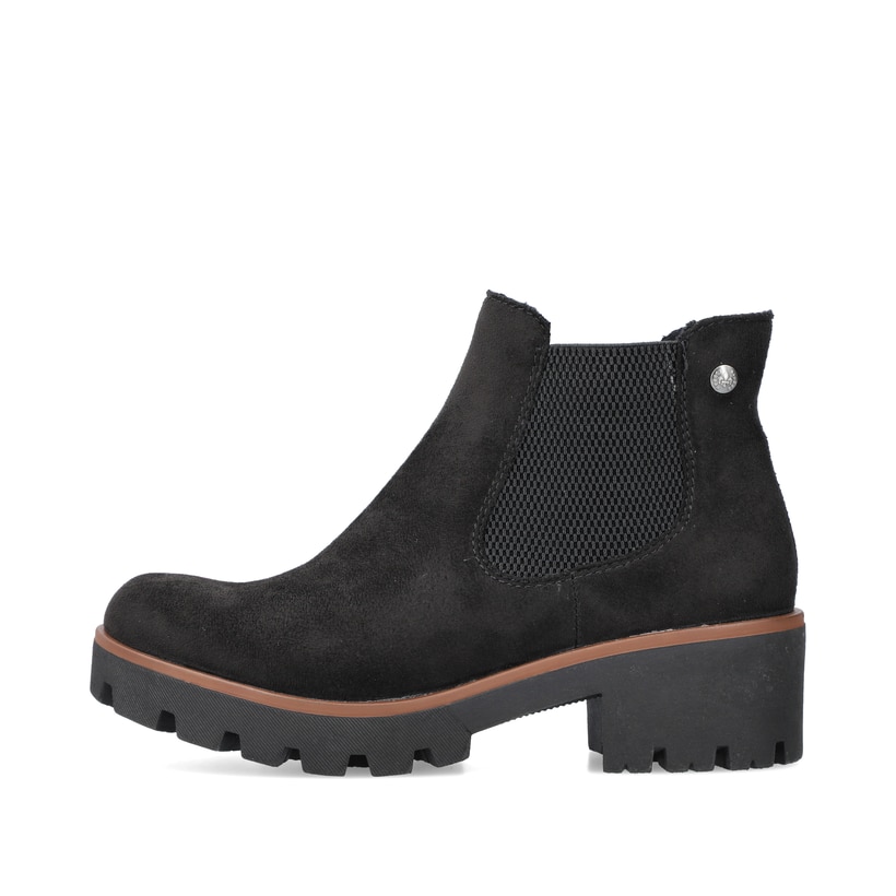 
Graphitschwarze Rieker Damen Chelsea Boots 79265-00 mit einer leichten Profilsohle. Schuh Außenseite