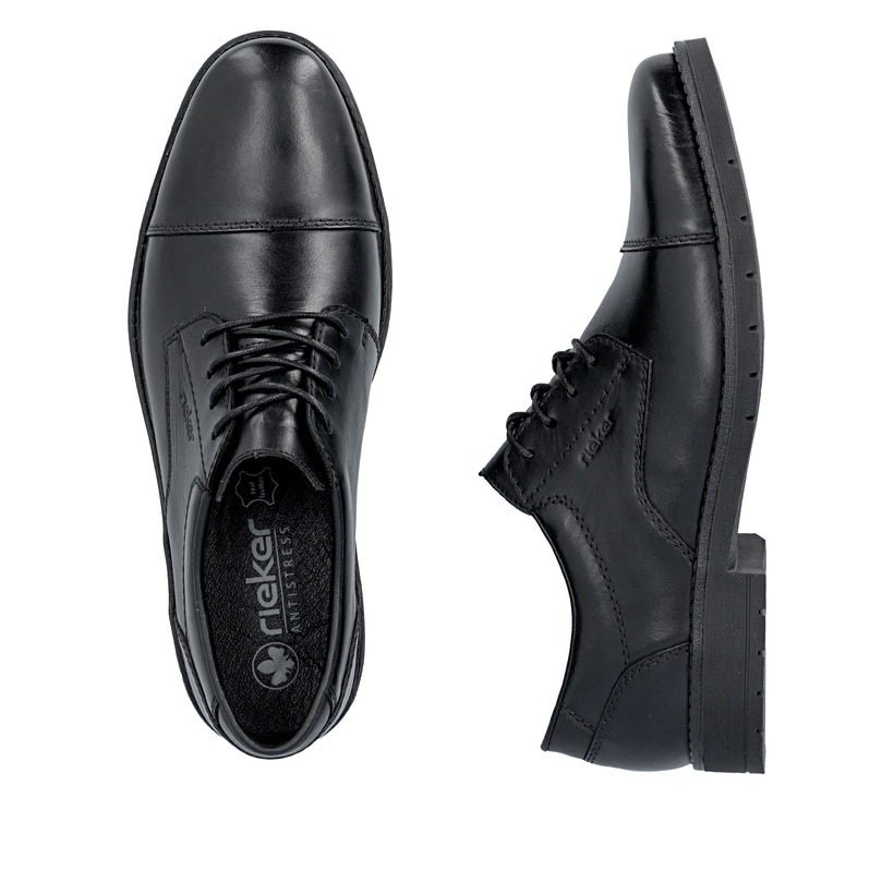 Chaussures à lacets Rieker noires pour hommes 13901-00 en cuir lisse. Chaussure vue de dessus, couchée.