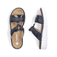 Blaue Rieker Damen Pantoletten V1396-14 mit einem Klettverschluss. Schuh von oben, liegend.
